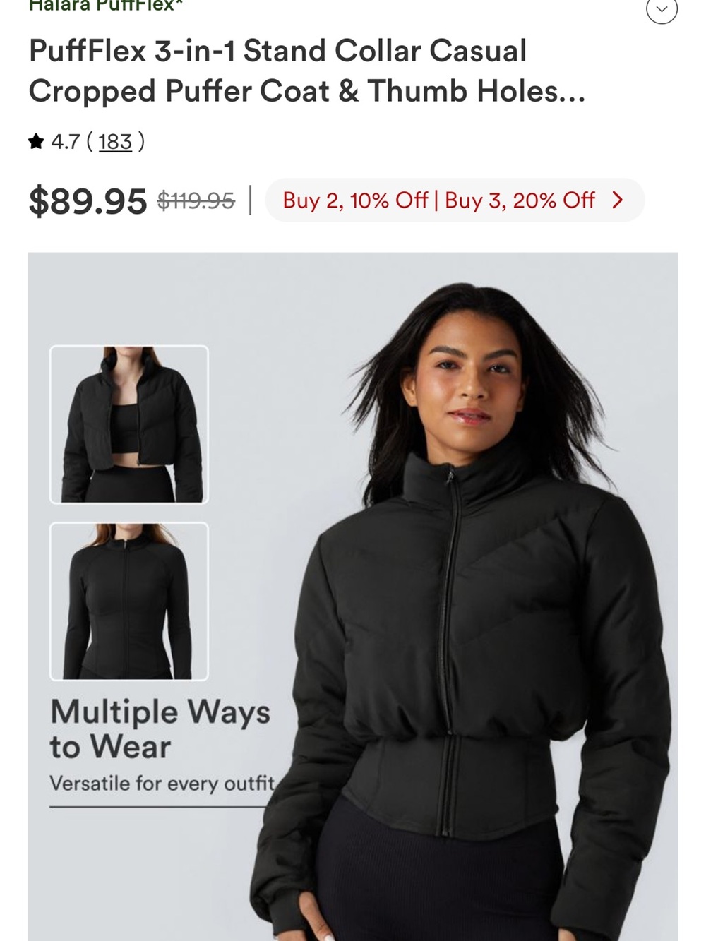 HALARA Black 2 piece Cropped Stand-Collar Puffer Jacket and under jacket